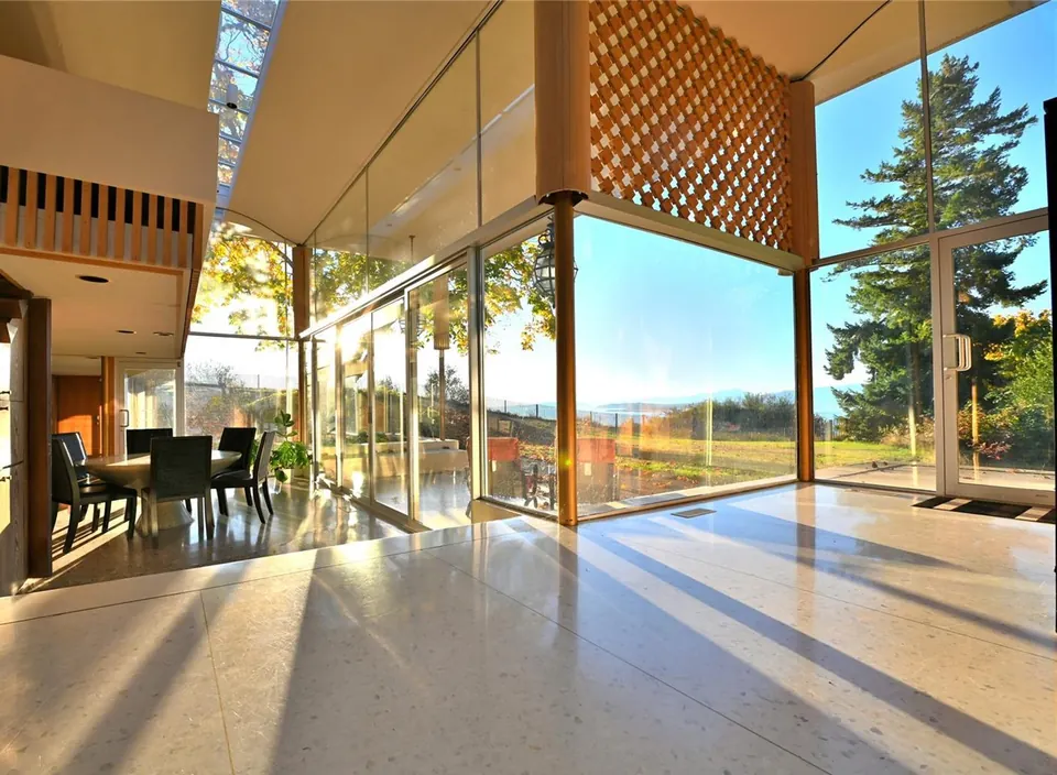 Living room of the Filberg House overlooking the Strait of Georgia